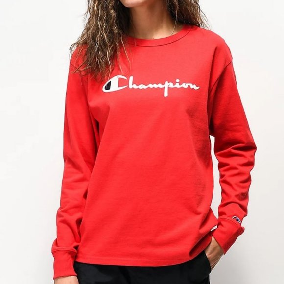 Champion Red Longslv. with Flock Script. - Picture 1 of 3